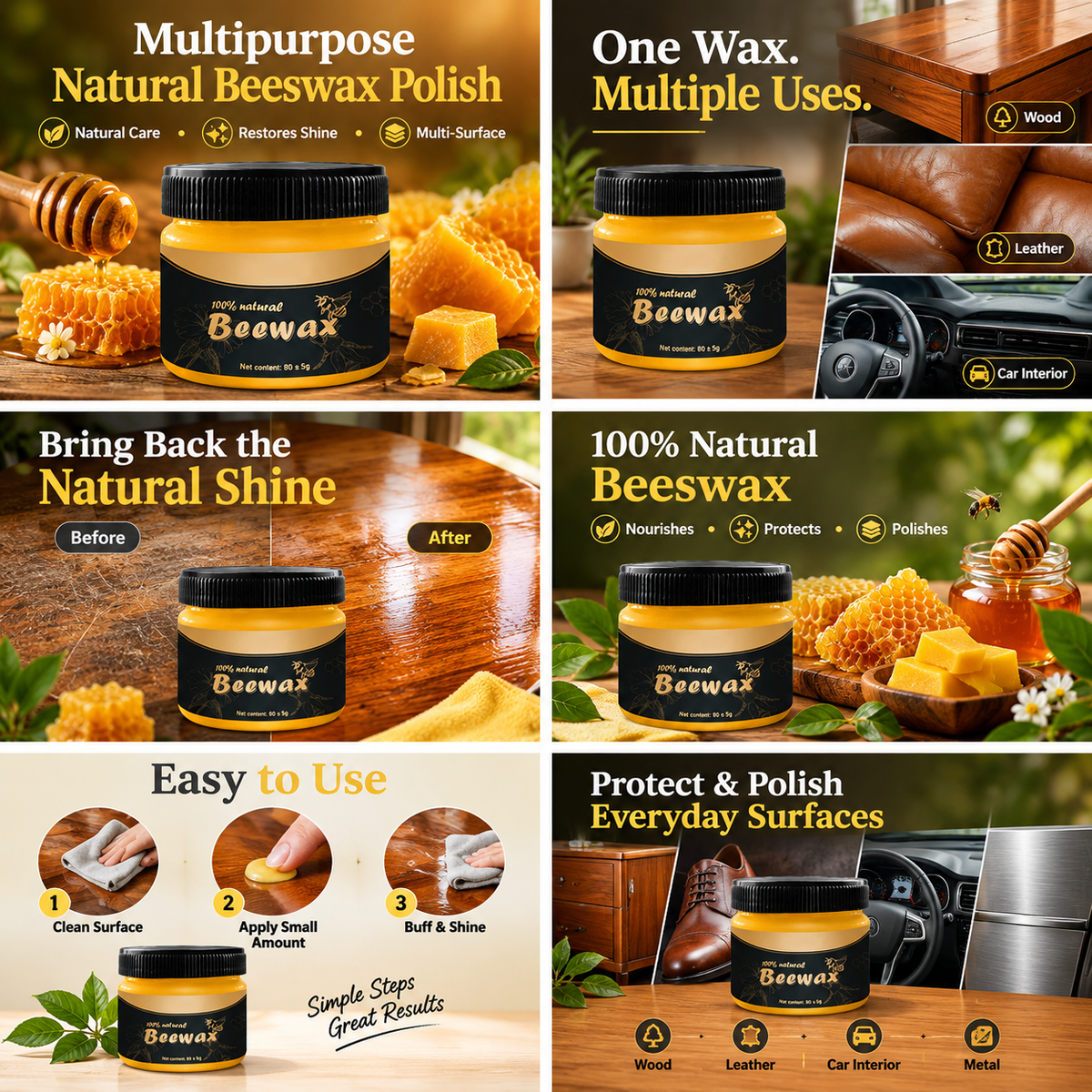 Natural Beeswax Polish – Multipurpose Wood, Leather & Surface Wax