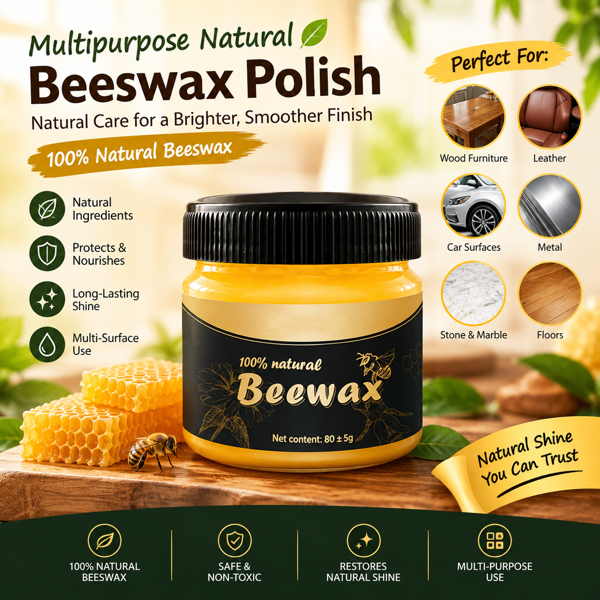 Natural Beeswax Polish – Multipurpose Wood, Leather & Surface Wax